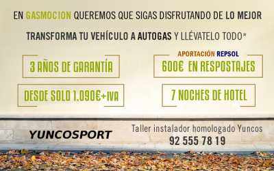 Transforma tu vehículo a autogas GLP con Yuncosport y disfruta de 3 años de garantía, 600€ de descuento en repostajes y 7 noches de hotel